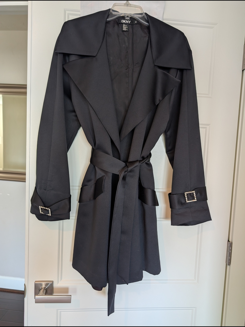 DKNY Black Coat, Satin Details with Belt